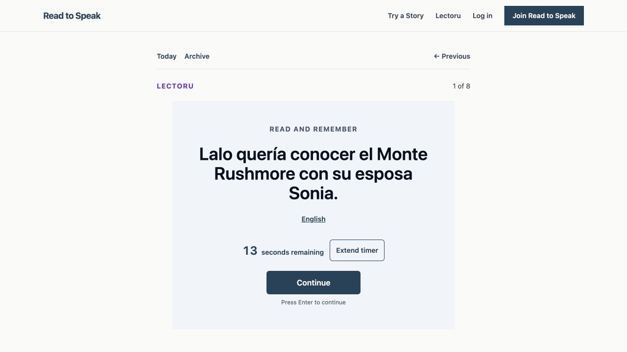 Public Lectoru displaying a Spanish sentence to read and remember, with an English translation control and a Continue button.