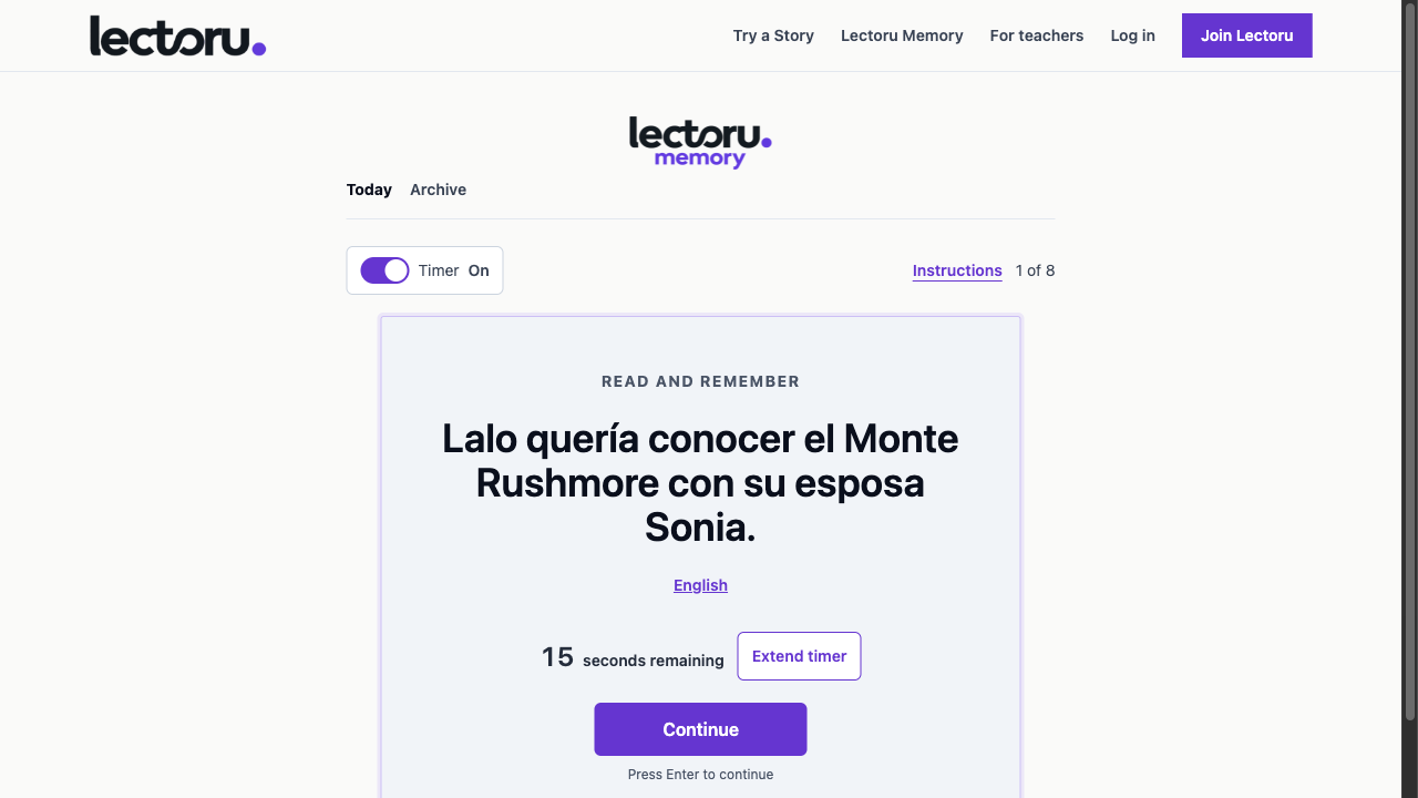 Lectoru Memory displaying a Spanish sentence to read and remember, with an English translation control and a Continue button.