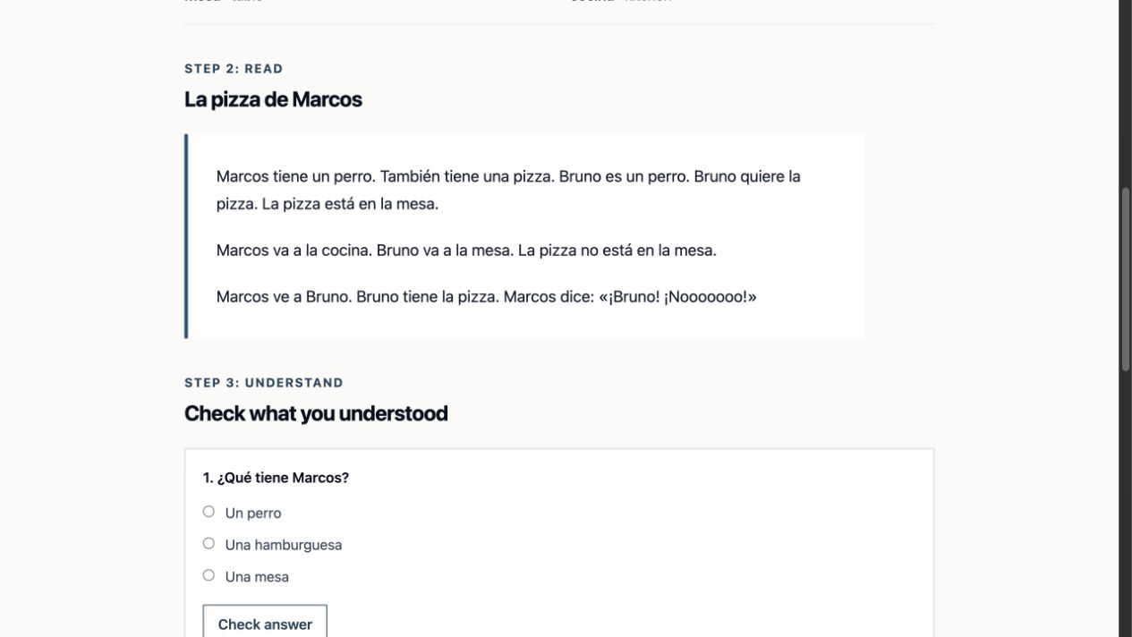 The free Spanish reading sample: La pizza de Marcos, followed by a multiple-choice comprehension question.