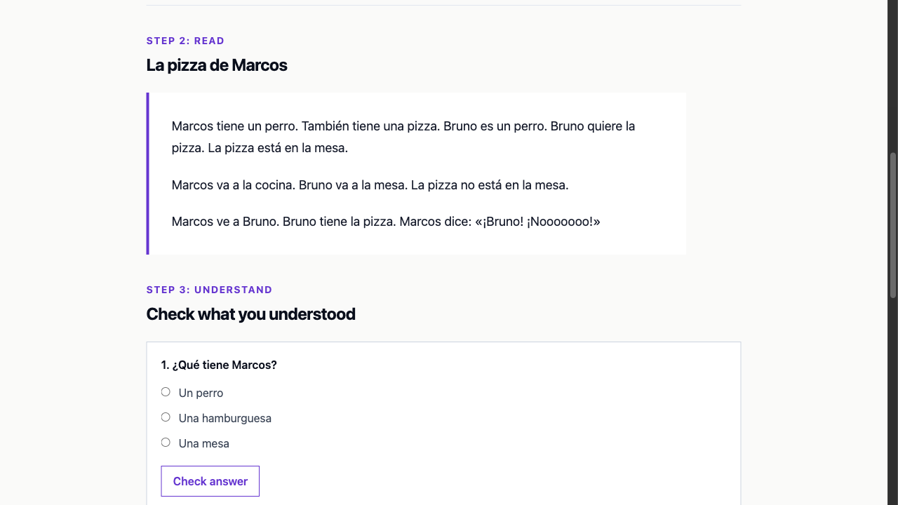 The free Spanish reading sample: La pizza de Marcos, followed by a multiple-choice comprehension question.